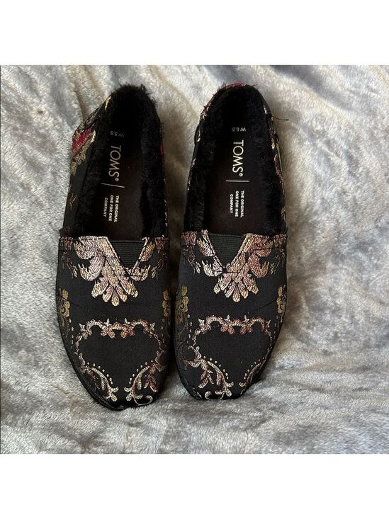 Toms Shoes - TOMS Women's Black and Gold Patterned Loafers with Faux Fur Lining size 5.5W